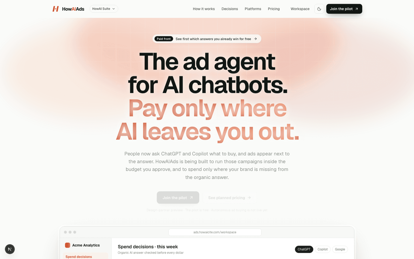 HowAIAds homepage and spend decisions workspace preview
