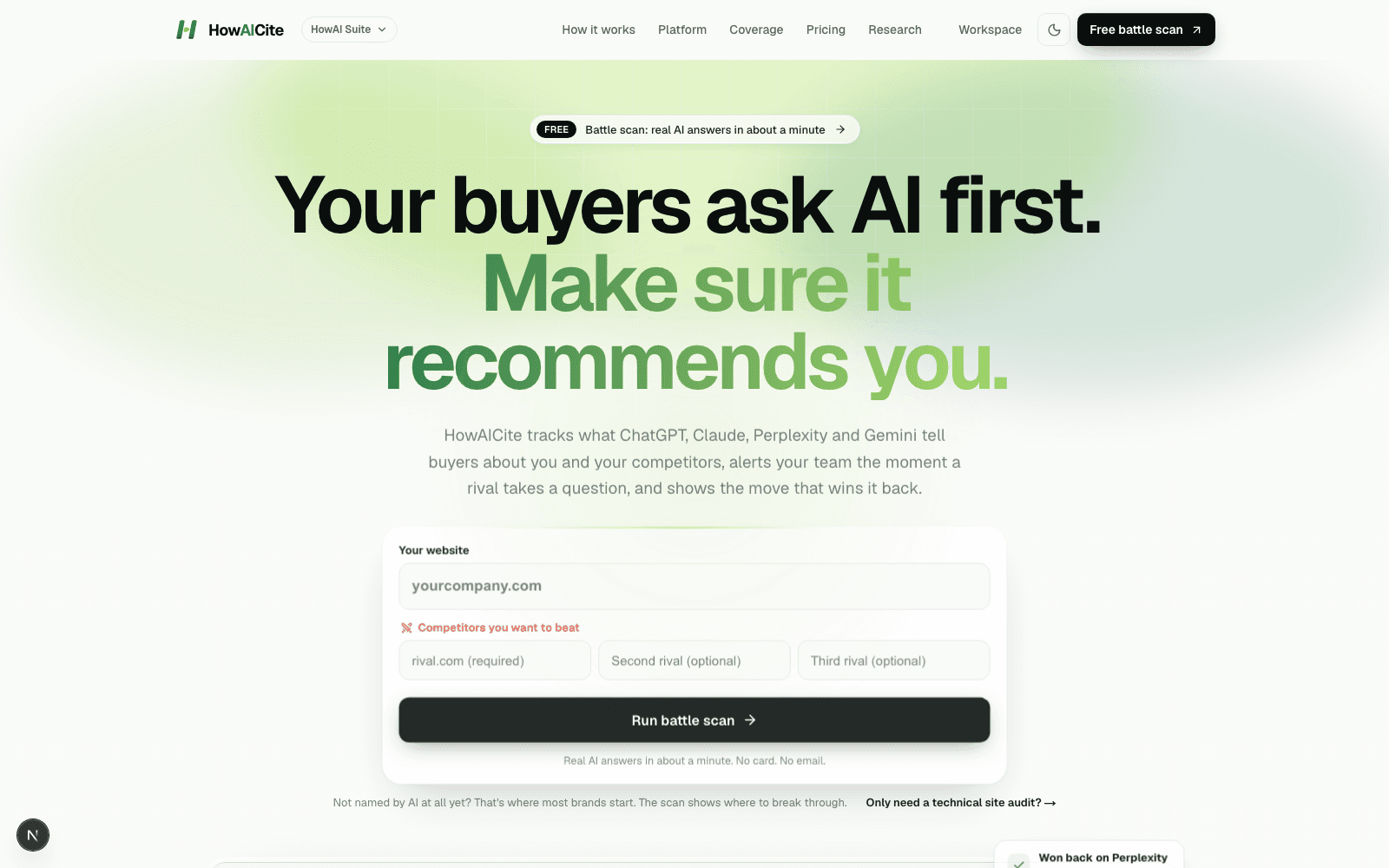 HowAICite homepage and product preview