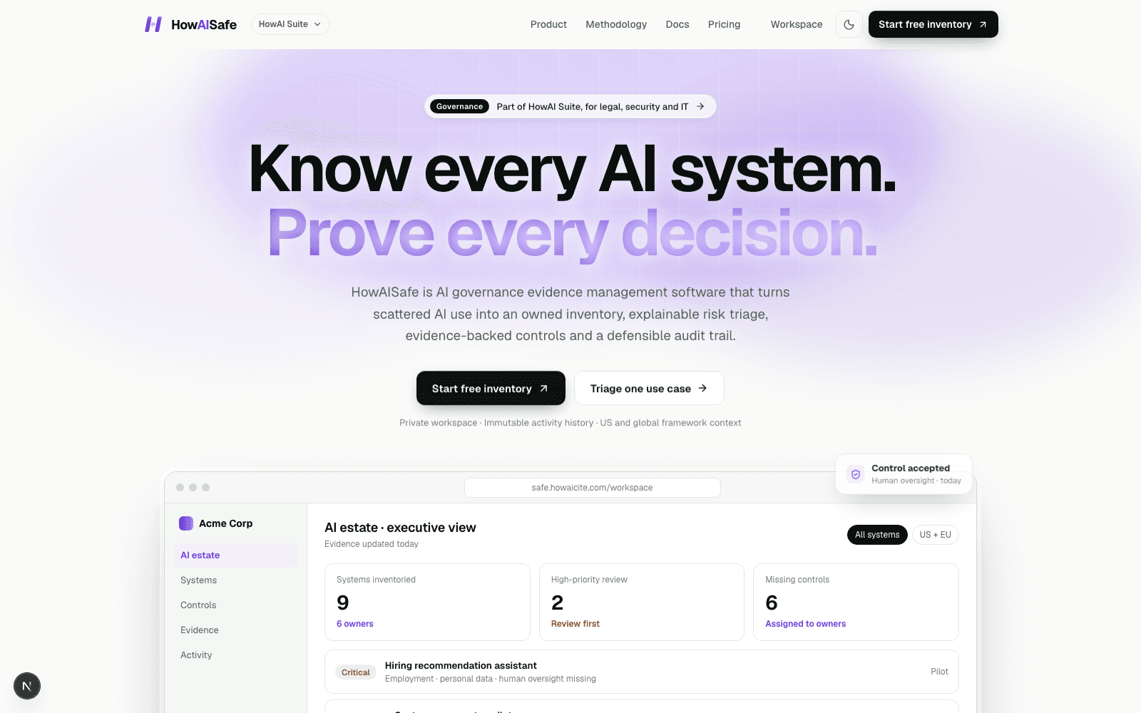 HowAISafe homepage and governance workspace preview