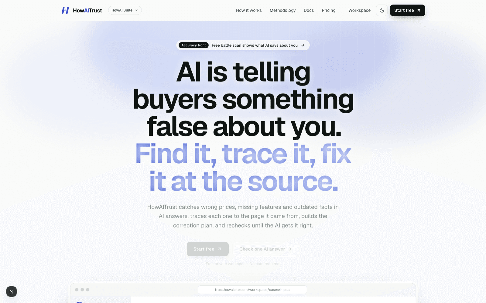 HowAITrust homepage and brand accuracy workspace preview